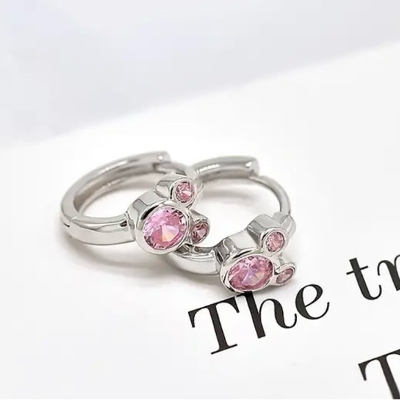 MOUSE STERLING SILVER PINK OR CLEAR CRYSTALS HUGGER HOOPS DISNEY INSPIRED - Picture 3 of 8